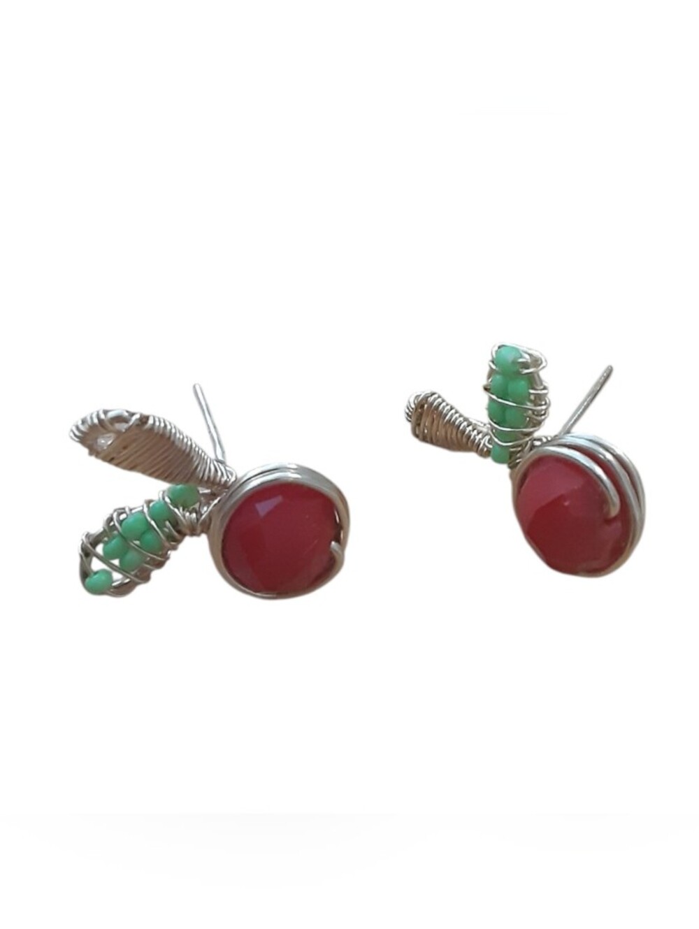 Handmade Wire Wrapped Cherry Stud Earring Red Cherry Fruit Stud Jewelry